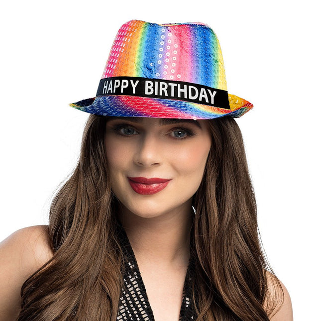 Happy Birthday Hoed Regenboog Pailletten van Boland koop je bij Partywinkel