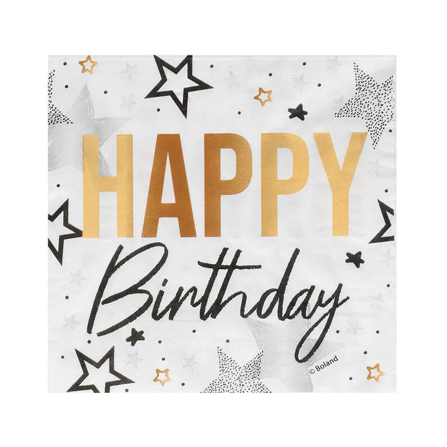 Happy Birthday Servetten Goud Zilver Sterren 33cm 20st van Boland koop je bij Partywinkel