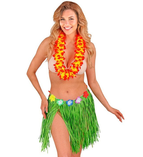 Hawaiirokje Groen Met Bloemenriem 40cm van Widmann koop je bij Partywinkel