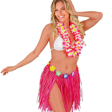Hawaiirokje Roze Met Bloemenriem 40cm van Widmann koop je bij Partywinkel