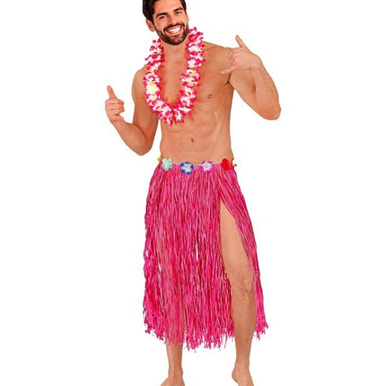 Hawaiirokje Roze Met Bloemenriem 80cm van Widmann koop je bij Partywinkel