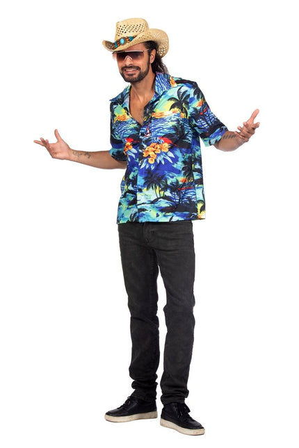 Hawaiishirt blauw palmboom (V) - Partywinkel - 8720059063994