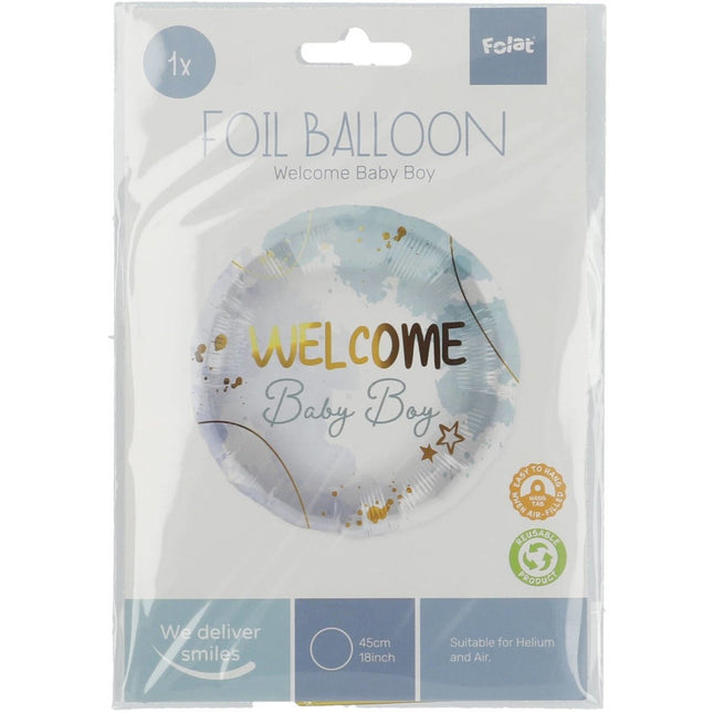 Helium Ballon Welcome Baby Boy Blauw Leeg 45cm van Folat koop je bij Partywinkel