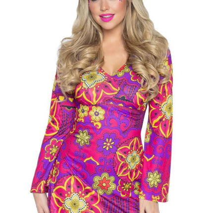Hippie 60S Jurk Paars Roze Dames Bloemen Leg Avenue - Partywinkel - 714718259451