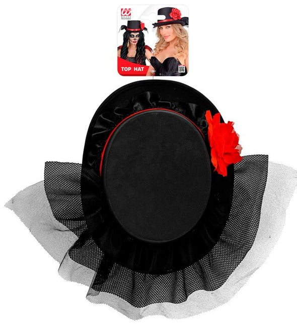 HOGE HOED ZWART MET TULE EN RODE ROOS van Widmann koop je bij Partywinkel