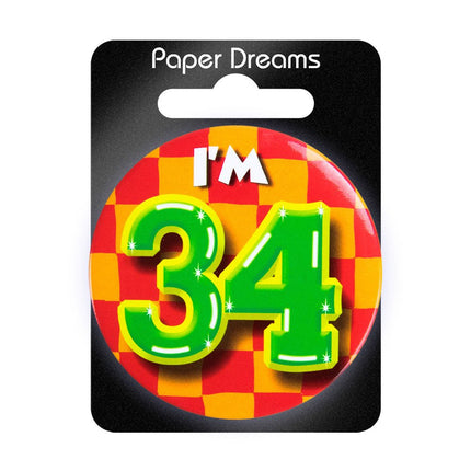 I'm 34 Button 34 Jaar 5,5cm van Paper Dreams koop je bij Partywinkel