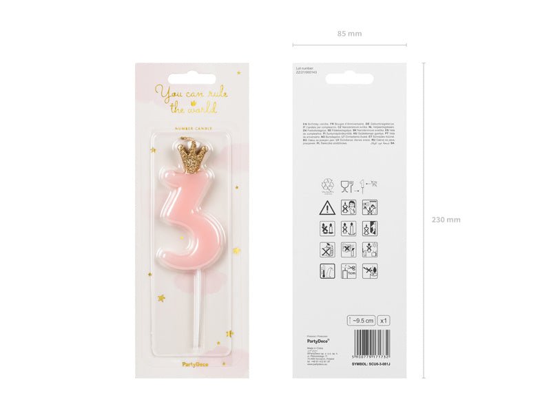 Kaars 3 Jaar Lichtroze 9,5cm van Partydeco koop je bij Partywinkel