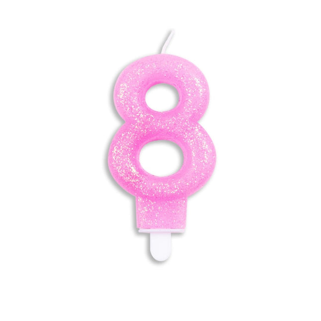 Kaars 8 Jaar Roze Glitter 7cm van WeFiesta koop je bij Partywinkel