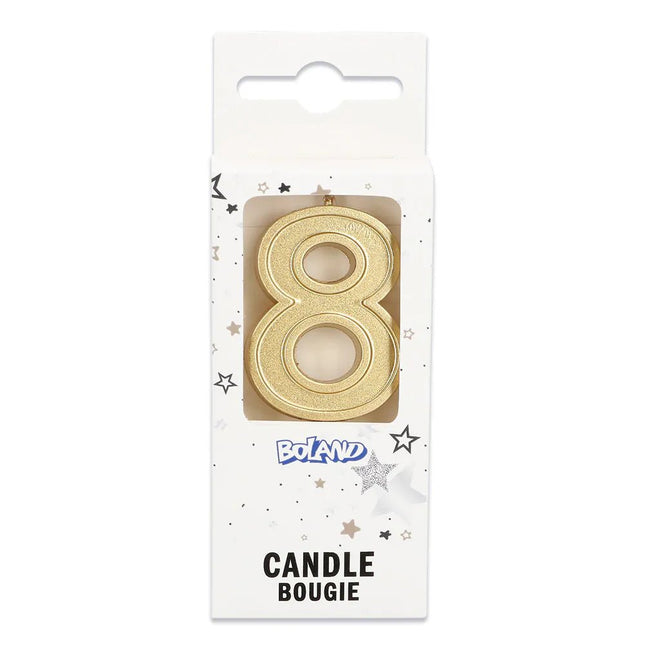 Kaarsje Elegant '8' goud op prikker (3 x 4,2 x 0,7 cm) van Boland koop je bij Partywinkel