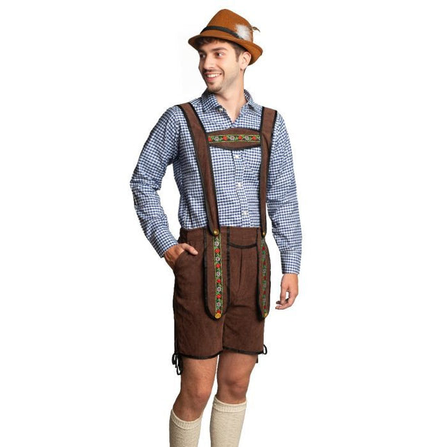 Lederhose Donkerbruin Kort + Blouse Blauw van Partychimp koop je bij Partywinkel