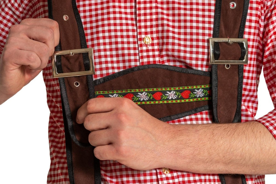 Lederhose Johann met Verstelbare Bretels Donkerbruin Lang van Partychimp koop je bij Partywinkel