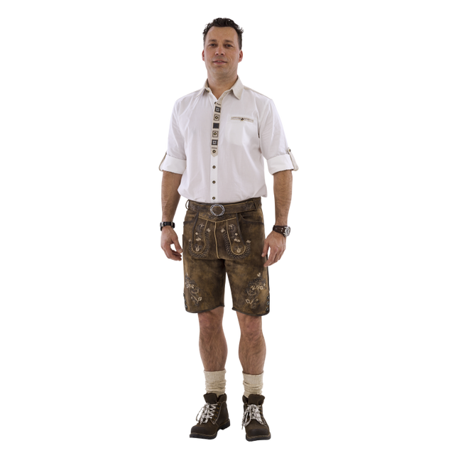 Lederhose kurz, braun antik mit exclusiver Stickerei und Gürtel