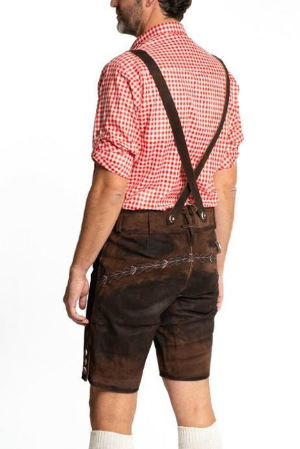 Lederhose Leer Kort Donkerbruin Gestikt en Bretels van Tannhauser koop je bij Partywinkel