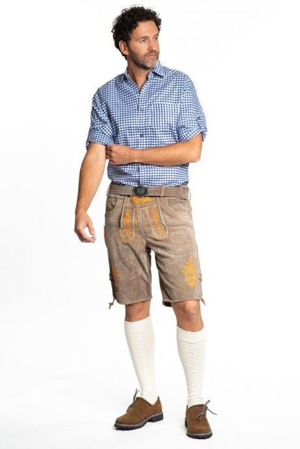 Lederhose Leer Kort Schaduw Oranje en Riem van Tannhauser koop je bij Partywinkel