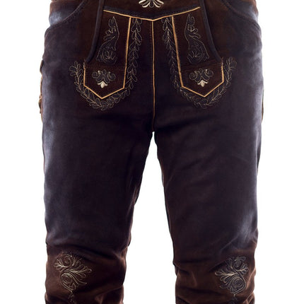 Lederhose Leer Lang Donkerbruin Gestikt en Bretels van Tannhauser koop je bij Partywinkel