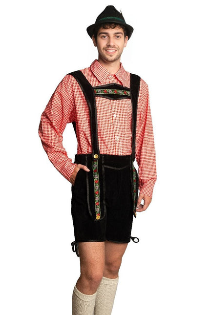 Lederhose Zwart Kort Met Blouse van Partychimp koop je bij Partywinkel