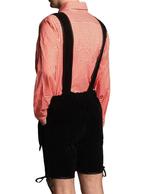 Lederhose Zwart Kort Met Blouse van Partychimp koop je bij Partywinkel