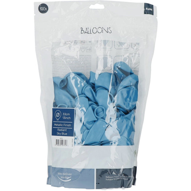 Lichtblauwe Ballonnen Metallic Sky Blue 33cm 100st van Folat koop je bij Partywinkel