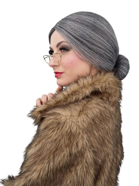 Oma Pruik Grijs met Knot en Bril van Orlob koop je bij Partywinkel