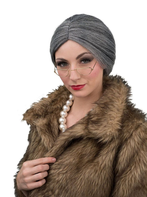 Oma Pruik Grijs met Knot en Bril van Orlob koop je bij Partywinkel
