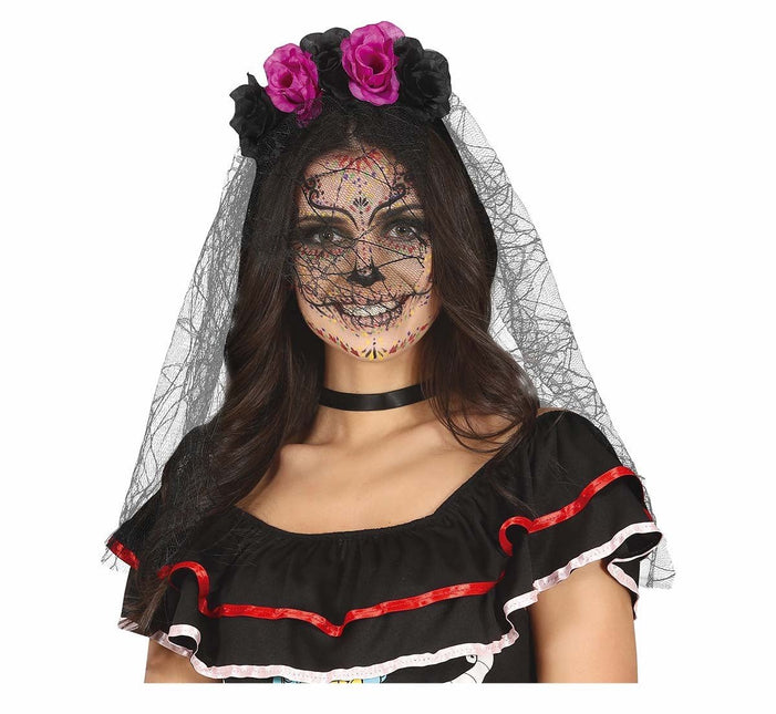 Paars Zwarte Haarband Met Sluier van Fiestas Guirca koop je bij Partywinkel