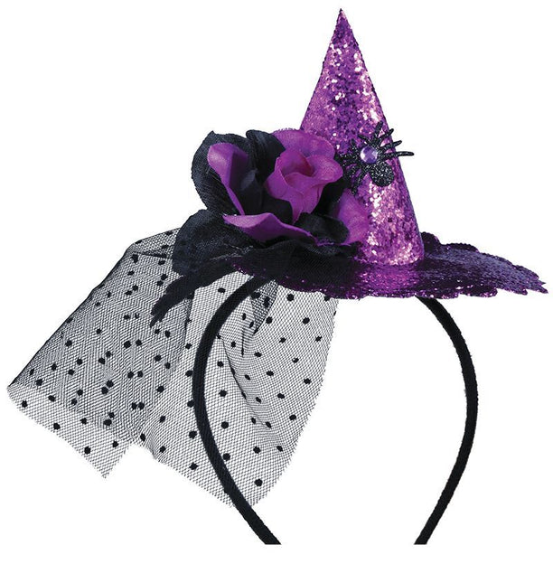 Paarse Halloween Haarband Mini Heksenhoed van Fiestas Guirca koop je bij Partywinkel