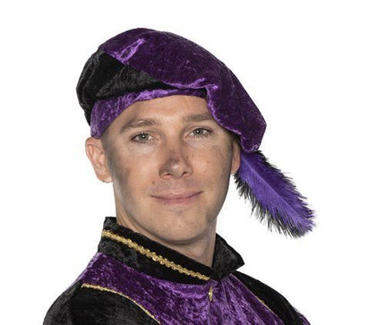 Pietbaret velour met struisveer paars van Haza Witbaard koop je bij Partywinkel