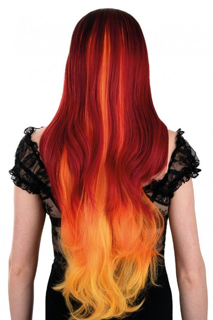 Pruik Selena Lang Met Krullen Rood En Oranje van PartyXplosion koop je bij Partywinkel