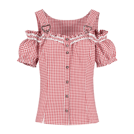 Rood Witte Blouse Dames Geruit Met Gespen van Haus Huberts koop je bij Partywinkel