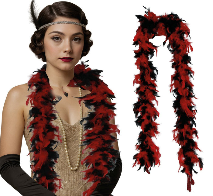 Rood Zwarte Boa Veren 80gr van Fiestas Guirca koop je bij Partywinkel