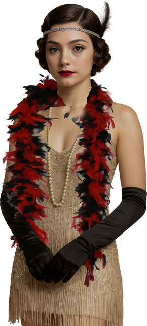 Rood Zwarte Boa Veren 80gr van Fiestas Guirca koop je bij Partywinkel