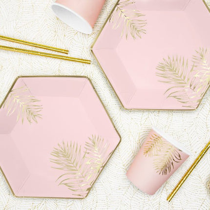 Roze Borden Gouden Bladeren 23cm 6st van Partydeco koop je bij Partywinkel