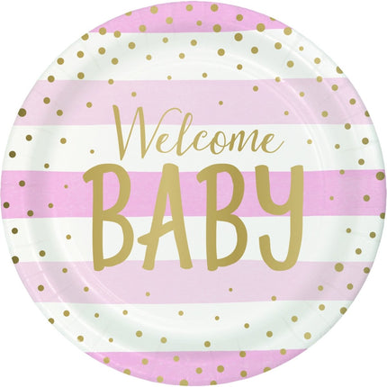 Roze Borden Welcome Baby 23cm 8st van Creative Converting koop je bij Partywinkel