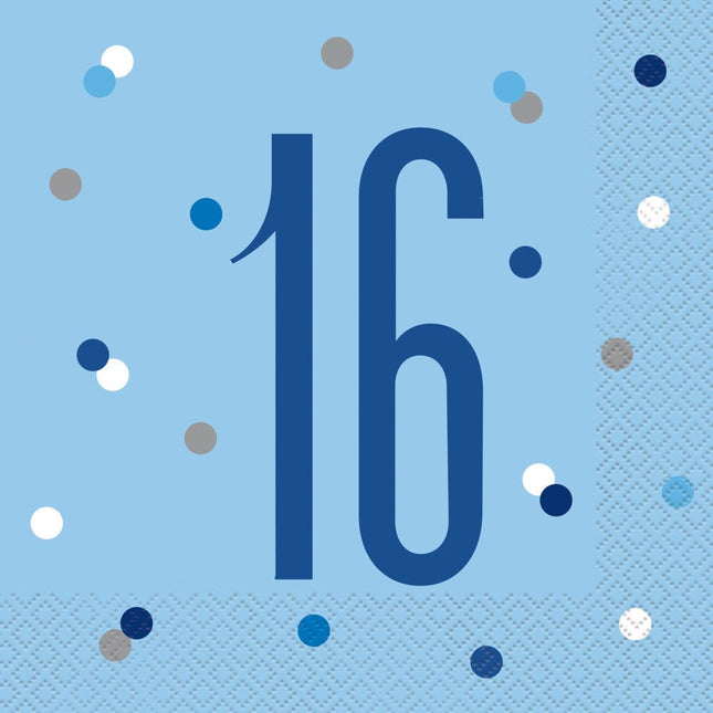 Servetten 16 Jaar Blauw 33cm 16st van Unique koop je bij Partywinkel