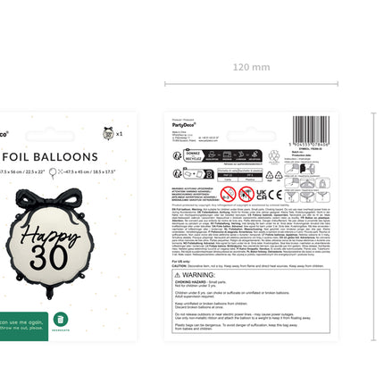 Balon helowy na 30 lat czarno-biały 53 cm