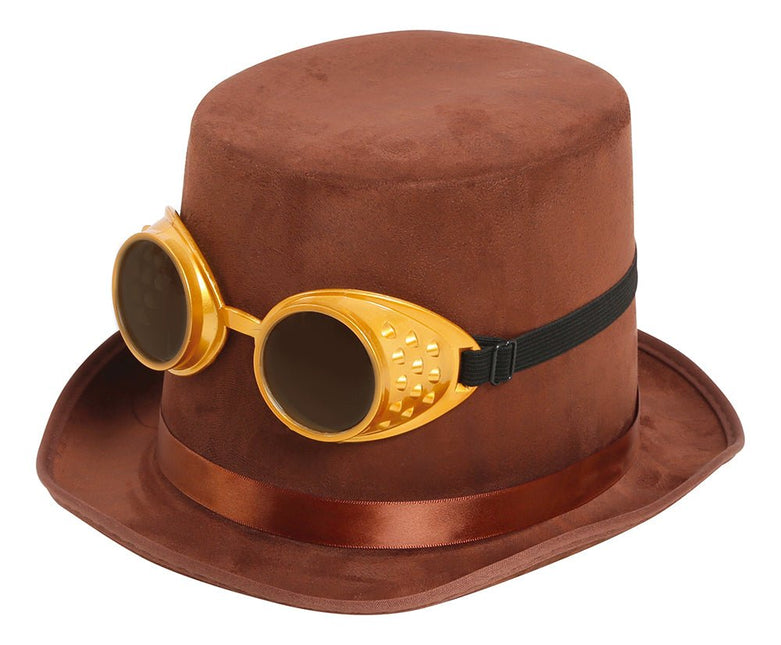 Steampunk Hoed Bruin Met Bril van Fiestas Guirca koop je bij Partywinkel