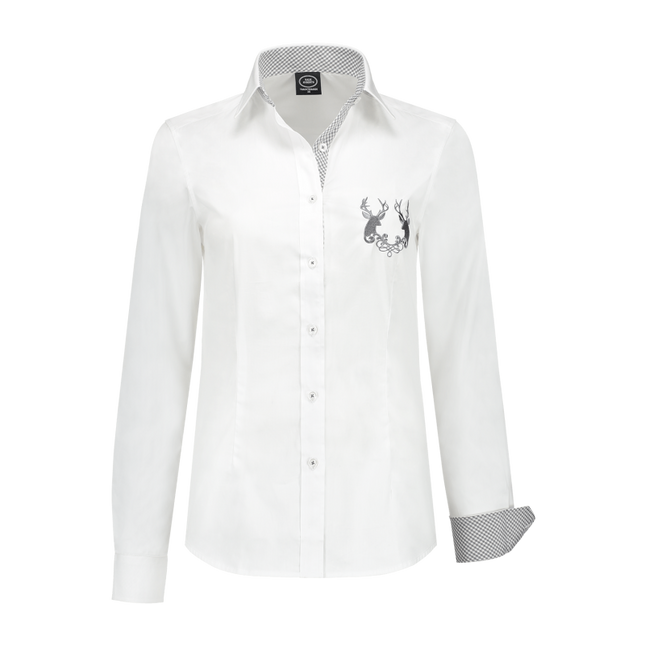 Bluzka damska biała, szare karo, haft jelenia na piersi