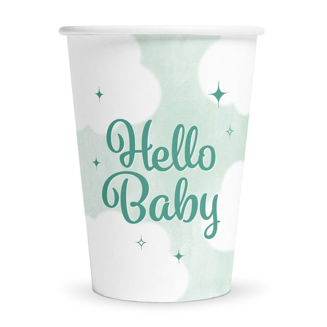 Turquoise Bekers Hello Baby 210ml 8st van WeFiesta koop je bij Partywinkel