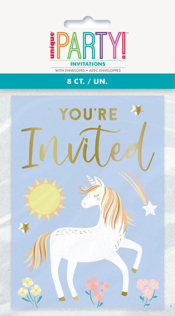 Unicorn Uitnodigingen Blauw/Goud 8st van Unique koop je bij Partywinkel