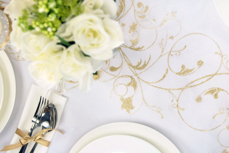 Vanille Creme Organza Stof Gouden Bloemen 36cm 9m van Partydeco koop je bij Partywinkel