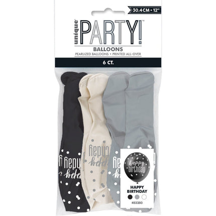 Verjaardag Ballonnen Happy Birthday Stippen Zwart 30cm 6st van Unique koop je bij Partywinkel