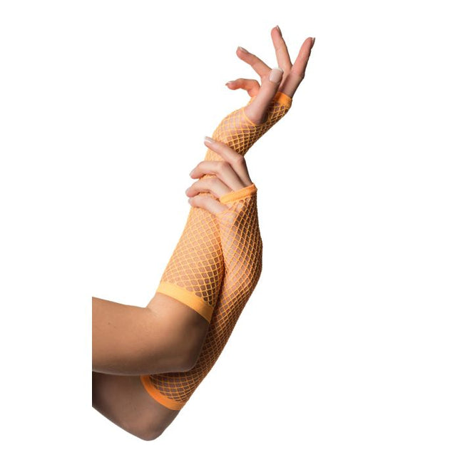 Vingerloze Handschoenen Lang Visnet Neon Oranje van Partychimp koop je bij Partywinkel