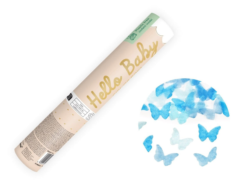 Vlinder Confetti Kanon Blauw 20cm van Partydeco koop je bij Partywinkel