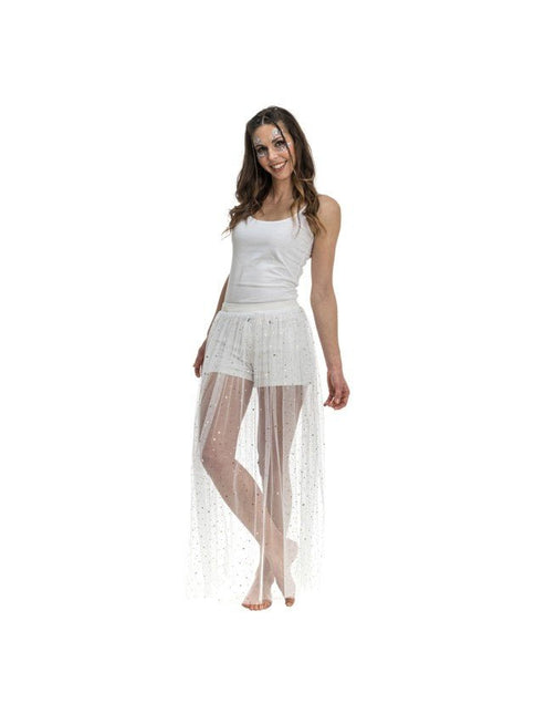 Witte Lange Tule Rok Met Glitters Dames One Size van CHAKS koop je bij Partywinkel