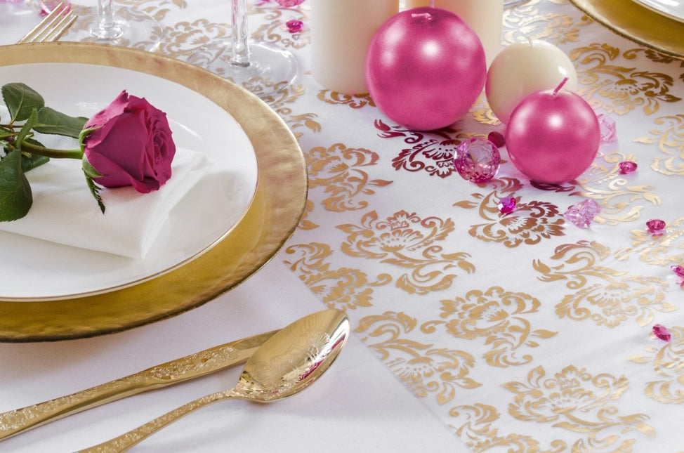 Witte Organza Stof Gouden en Zilveren Koningsbloem print 36cm 9m van Partydeco koop je bij Partywinkel