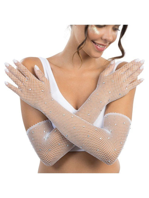 Witte Visnet Handschoenen met Strass 45cm van CHAKS koop je bij Partywinkel
