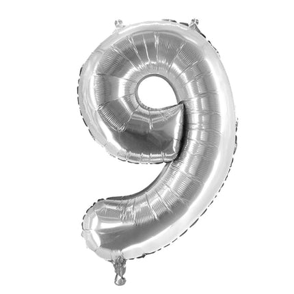 9 lat – balon z cyfrą, srebrny, 1 m, pusty