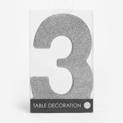Zilver Tafeldecoratie Cijfer 3 Glitter 20,5cm van WeFiesta koop je bij Partywinkel