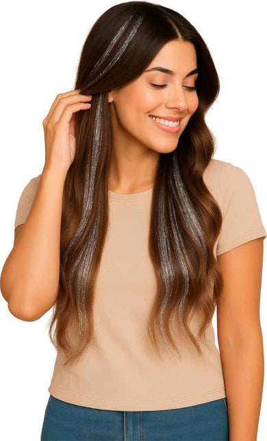 Zilveren Hair Extension Glitters 50cm 3st van Fiestas Guirca koop je bij Partywinkel