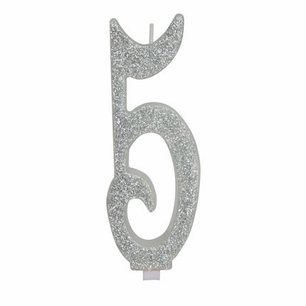 Zilveren Kaars 5 Jaar Glitter 12,5cm van Fiestas Guirca koop je bij Partywinkel